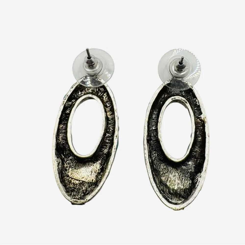 Southwestern Enamel Oval Drop Earrings Silver Tone Tribal Design Artisan Jewelry